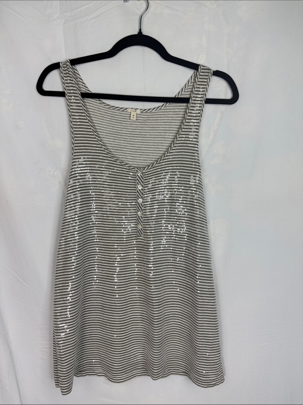 J. Crew Gray and White Striped Sequin Scoop-Neck Tank
